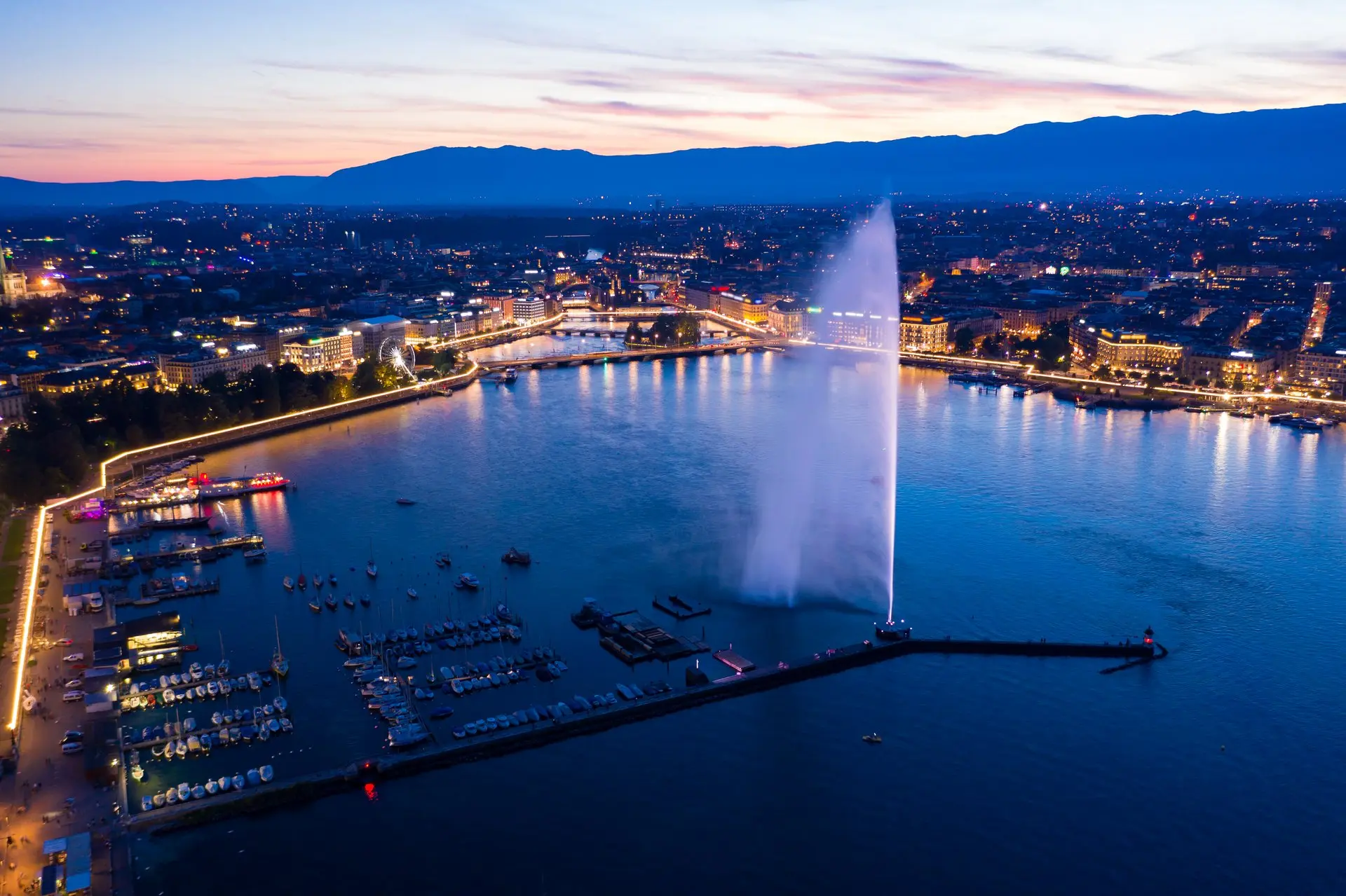 Geneva skyline at dusk, Lac Léman